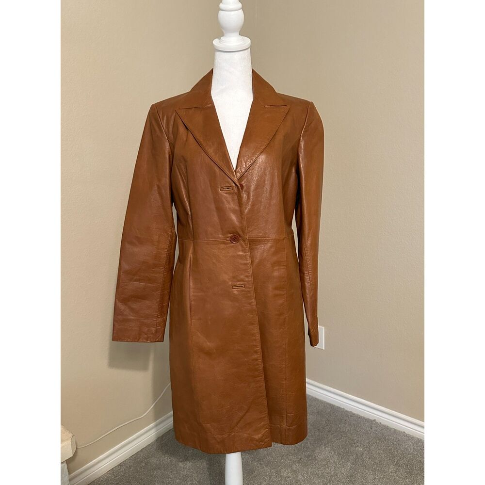 GUESS Cognac Brown Genuine Leather Coat Notched Collar Knee Length L